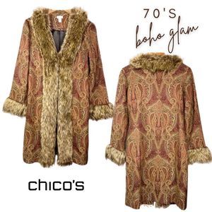 Chico’s Tapestry Faux Fur Coat | 70’s Boho Glam